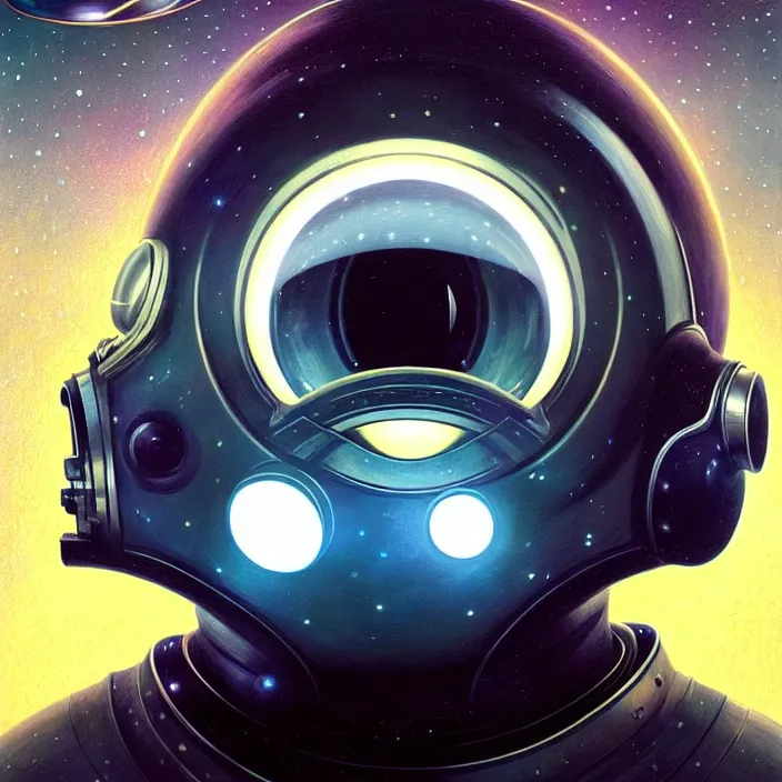 Image similar to ultra realistic retro futuristic astronaut skull helmet, deep space, lens flare, diffuse lighting, fantasy, intricate, elegant, highly detailed, lifelike, photorealistic, digital painting, artstation, illustration, concept art, smooth, sharp focus, art by John Collier and Albert Aublet and Krenz Cushart and Artem Demura and Alphonse Mucha