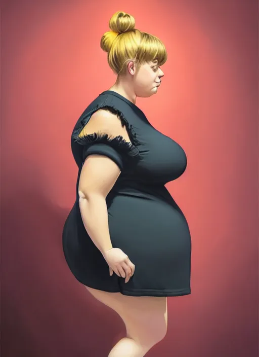 Image similar to full body portrait of teenage betty cooper, obese, bangs, ponytail, sultry, realistic, sultry smirk, ponytail hairstyle, fluffy bangs, curly bangs, skirt, fat, belly, intricate, elegant, highly detailed, digital painting, artstation, concept art, smooth, sharp focus, illustration, art by wlop, mars ravelo and greg rutkowski