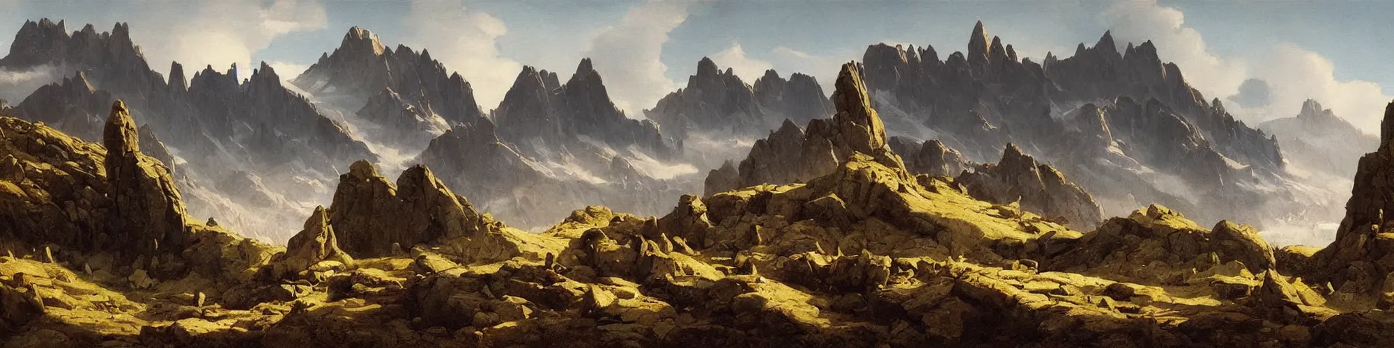 Image similar to rocky mountain range, painting by raphael lacoste