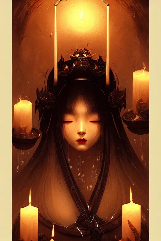 Prompt: dreamy dark hall with candles and dripping wax. beautiful intricately detailed japanese artwork, fantasy art by bayard wu, trending on artstation, epic, shine