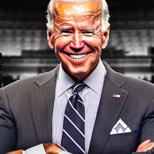 Prompt: Joe Biden in WWE costume, standing in ring, high quality photograph