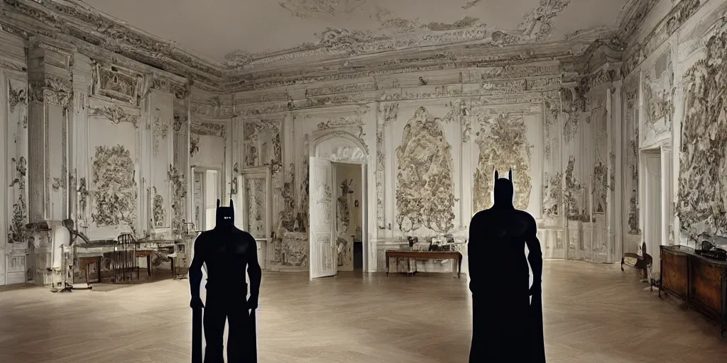 Image similar to Batman standing in giant Italian modern castle living room, clean minimalist design, that is 1300 feet tall, with very tall giant walls filled with modern art paintings, doors that are cosmic portals, photo by Annie Leibovitz