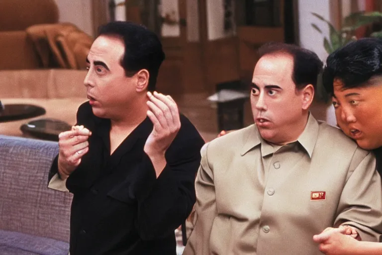 Image similar to Scene from Seinfeld where Jerry Seinfeld confronts Kim Jong-un