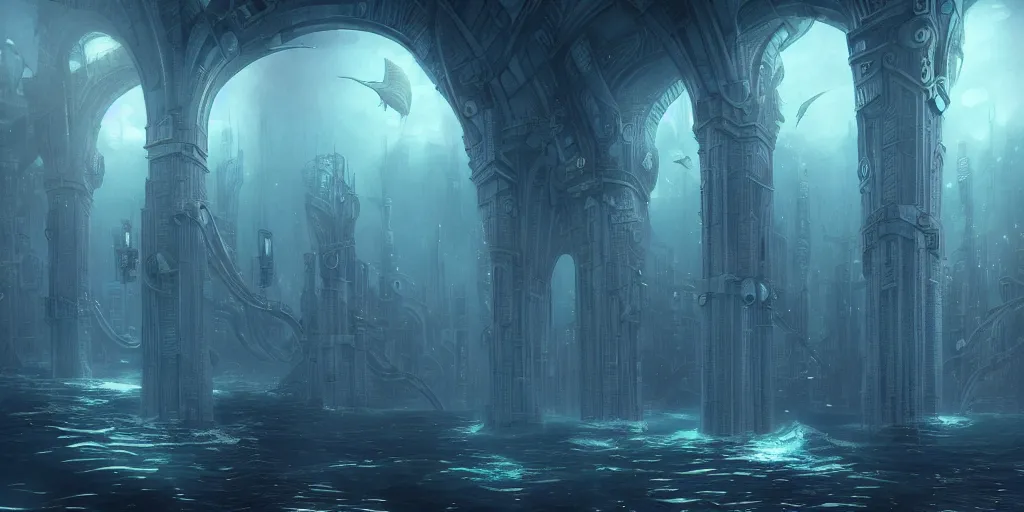 Image similar to underwater city, style epic, symmetrical, insanely detailed, style of charlie bowater, kelly mckernan, unreal engine render, artstation trend, hyper detail, epic art style, cinematic, concept art