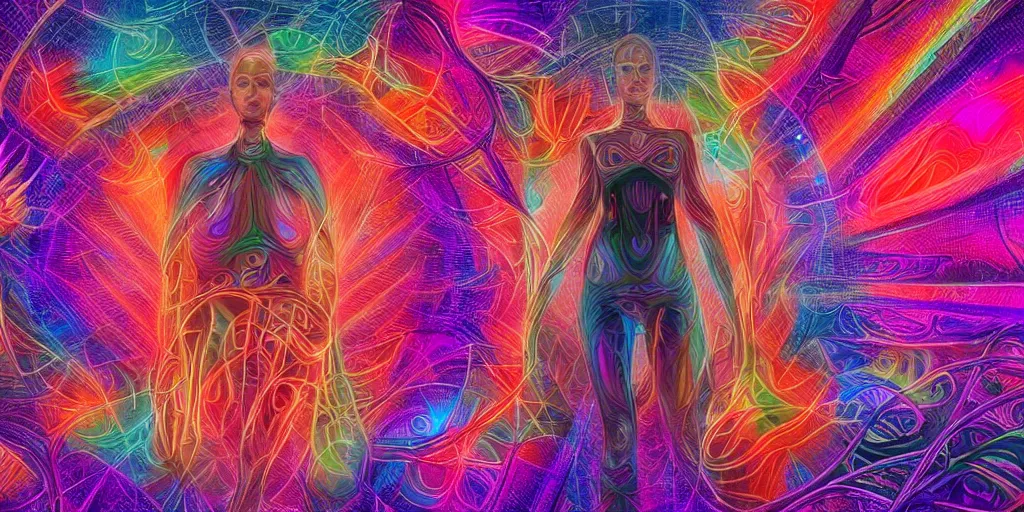 Image similar to transcendence into collaborative intelligence, endless collaboration with ai, connectedness, body, by alex grey, award winning, beautiful, colorful, volumetric lighting, trending on artstation, cinematic