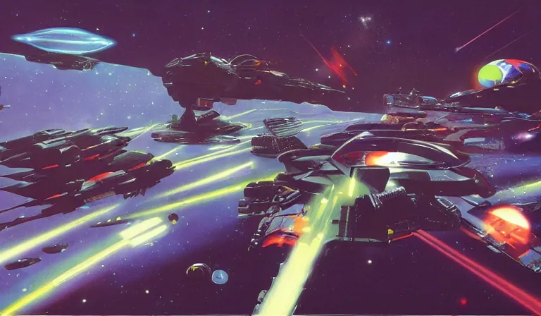 Prompt: A space battle , deep space and galactic fleet at war with aliens in the style of Syd Mead , Chris Foss .