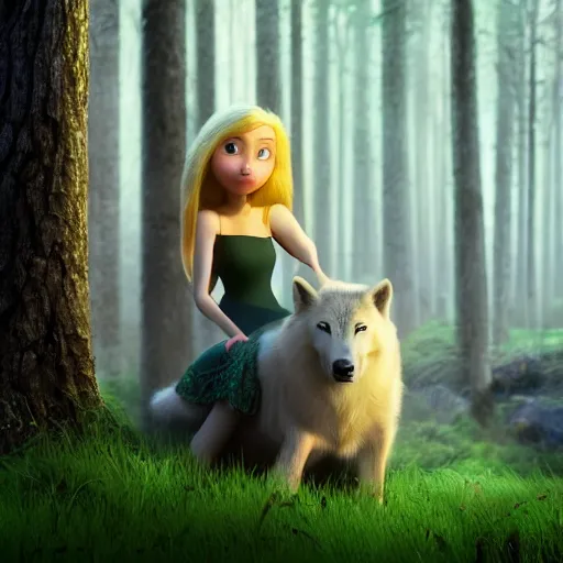 Prompt: medium shot young girl, blond hair green eyes, astride a gray wolf, in a dark forest, mysterious, backlit, perfact face, beautiful still from a pixar dreamworks movie, trending on artstation