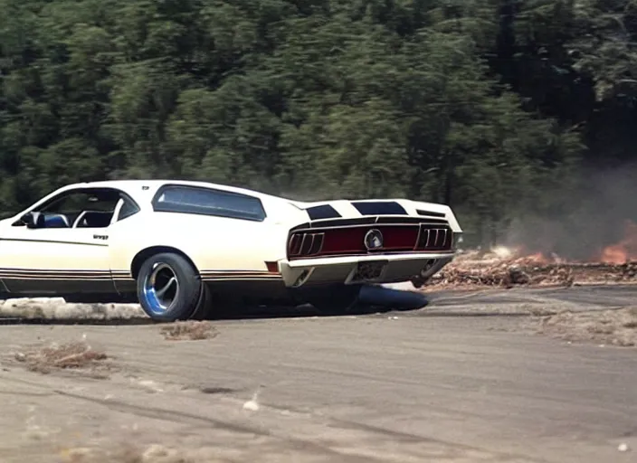 Prompt: a mustang mach 1 from 1 9 7 3 driving from a explosion