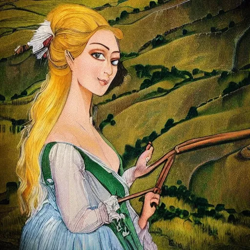 Prompt: “painted cliff side overlooking hills, woman in Victorian clothing with blond hair painted artistic, green and vibrant ”