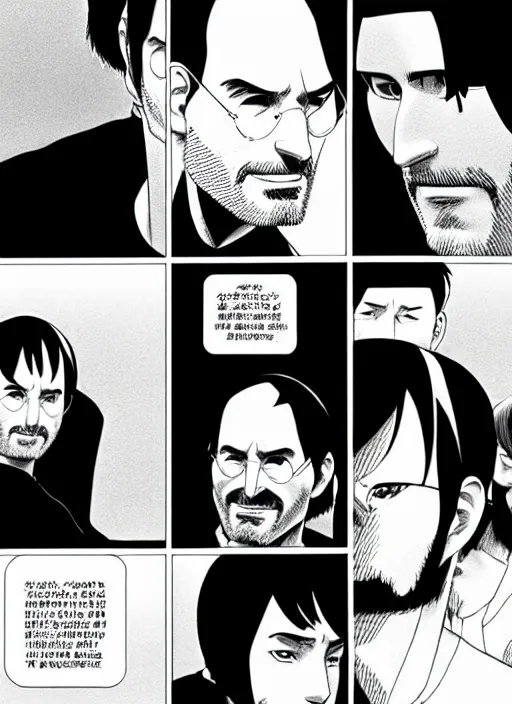 Image similar to steve jobs manga, final page, by katsuhiro otomo and hiroya oku and makoto yukimura