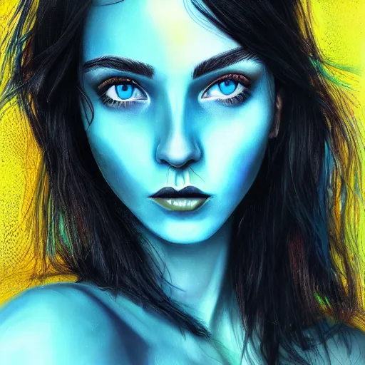 Image similar to photorealistic portrait of beautiful toxic girl, black hair, blue eyes, smooth face, glowing skin, detailed face, green colours, sharp focus