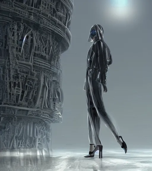 Image similar to tarkovsky greatest scene, the ancient destroyed majestic tower of babylon, a woman in futuristic cyber clothing, transparent puffer jacket, hyper realistic, blockchain, virtual world, ambient lighting, concept art, intricate, hyper - detailed, smooth, dynamic volumetric lighting, corona render, ray trace, cinematic, high quality, high resolution, 4 k, cgsociety