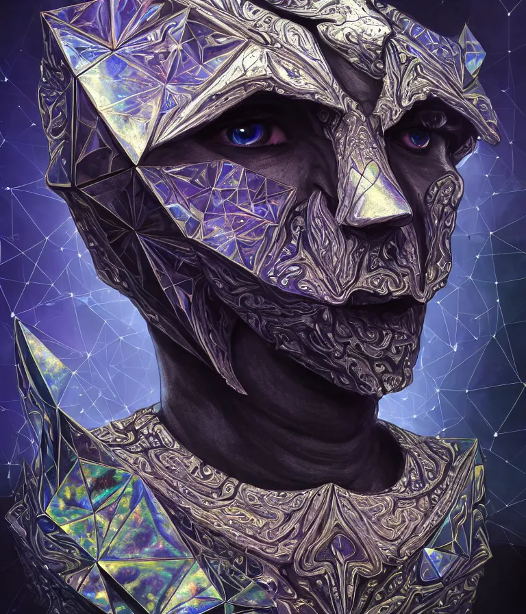 Image similar to front!!! shot of a court jester!!! character, mesmerizing fractal hypercubes, obsidian, dark holography!!!, future, metallic galactic, crystalline edges, polygonal, elegant, highly detailed, centered, (((artstation, concept art, jagged, sharp focus, artgerm, Tomasz Alen Kopera, Peter Mohrbacher, donato giancola, Joseph Christian Leyendecker, WLOP, Boris Vallejo))), ((raytracing)), mugshot!!!!!, ugly!!!!!!, octane render, nvidia raytracing demo, octane render, nvidia raytracing demo, octane render, nvidia raytracing demo, 8K