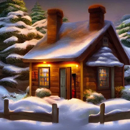 Prompt: snow cottage inspired by Evgeny Lushpin,cinematic