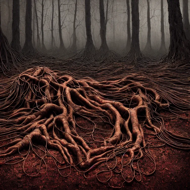 Prompt: still life of ribbed abandoned forest portrait, red color scheme, covered with roots, wires, tubes, standing in a desolate empty wasteland, creepy, nightmare, dream-like heavy atmosphere, surreal abandoned buildings, baroque painting, beautiful detailed intricate insanely detailed octane render trending on Artstation, 8K artistic photography, photorealistic, chiaroscuro, Raphael, Caravaggio, Beksinski, Giger