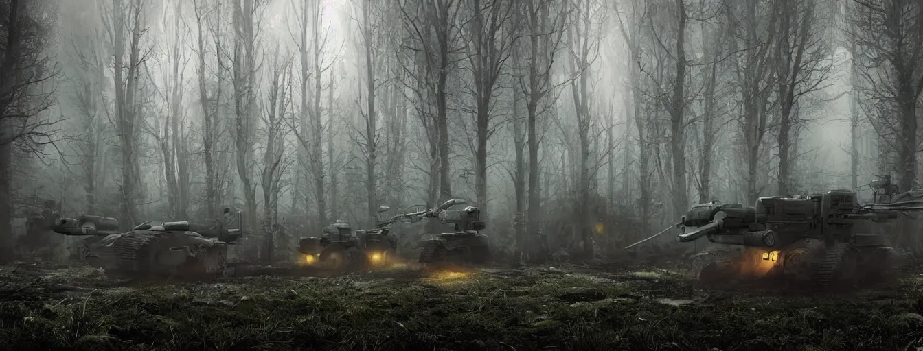 Prompt: night dark foggy forest with military robots with strong lights searching for hidden human soldiers, postapocalyptic style, heavy rain, reflections, high detail, dramatic moment, motion blur, dense ground fog, dark atmosphere, saturated colors, by darek zabrocki, render in unreal engine - h 7 0 4