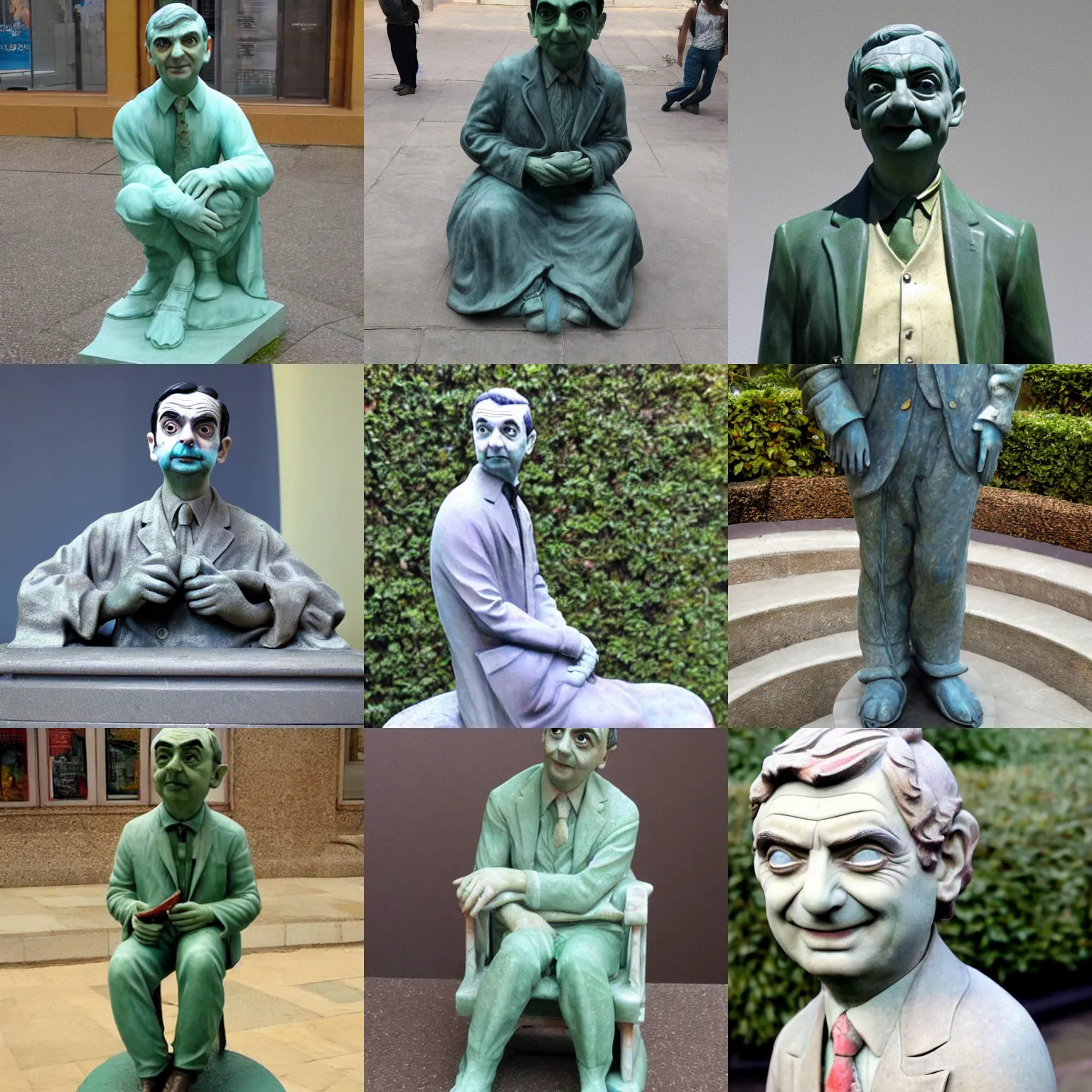 Prompt: colored marble statue of mr. bean.