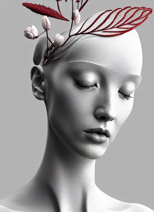 Image similar to complex 3d render ultra detailed of a beautiful porcelain profile young woman face, biomechanical cyborg, 200 mm lens, beautiful studio soft light, rim light, silver white gold red details, magnolia big leaves achromatic and stems, roots, fine foliage lace, mesh wire, Alexander Mcqueen high fashion haute couture, art nouveau fashion embroidered, intricate details, hyper realistic, ultra detailed, mandelbrot fractal, anatomical, facial muscles, cable wires, microchip, elegant, octane render, H.R. Giger style, 8k post-production, trending on Artstation