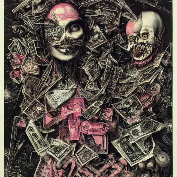 Image similar to post - punk album cover, asymmetrical design, dollar bank notes, capitalism, magic, apocalypse, psychedelic, black white pink, highly detailed, magic, giger h. r., giuseppe arcimboldo