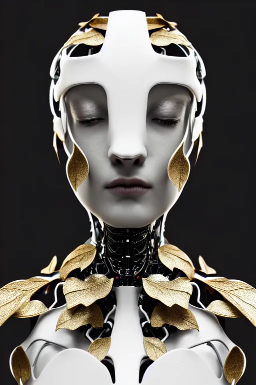 Image similar to monochrome close - up profile face, black background, beautiful young porcelain bio - mechanical vegetal - dragon - cyborg - female, white metallic armour, silver gold details, magnolia leaves and stems, roots, mandelbot fractal, 1 5 0 mm, beautiful natural soft rim light, elegant, hyper real, ultra detailed, octane render, 1 6 k