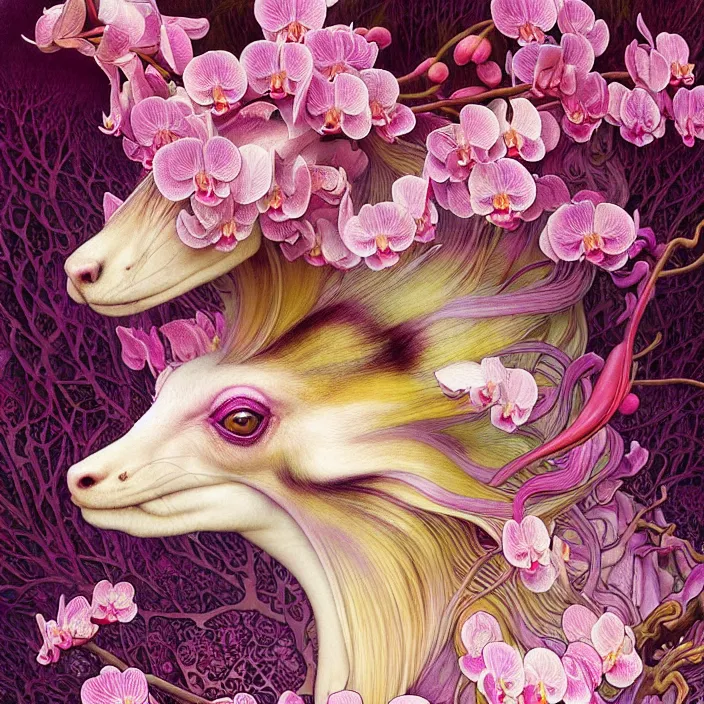 Prompt: psychedelic animal made of orchid and cherry blossom tree, diffuse lighting, fantasy, intricate, elegant, highly detailed, lifelike, photorealistic, digital painting, artstation, illustration, concept art, smooth, sharp focus, art by John Collier and Albert Aublet and Krenz Cushart and Artem Demura and Alphonse Mucha and Giuseppe Arcimboldo