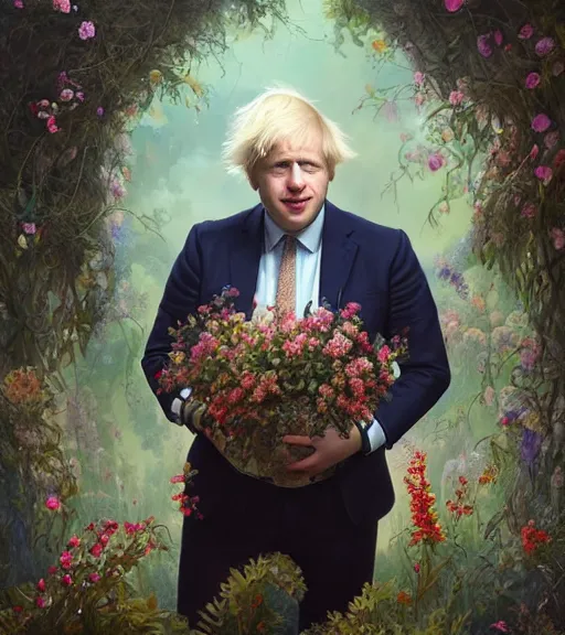 Image similar to portrait of boris johnson in 3 0 s, surrounded by flowers by karol bak, james jean, tom bagshaw, rococo, trending on artstation, cinematic lighting, hyper realism, octane render, 8 k, hyper detailed