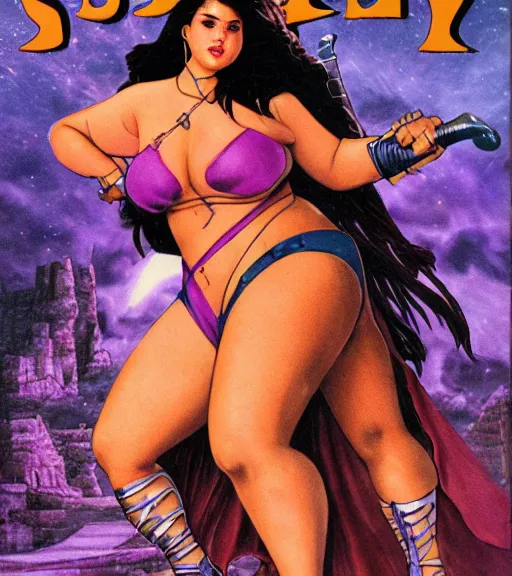 Prompt: 1 9 8 0 s fantasy novel book cover, bbw plus size amazonian selena gomez in extremely tight bikini armor wielding a cartoonishly large sword, exaggerated body features, dark and smoky background, low quality print