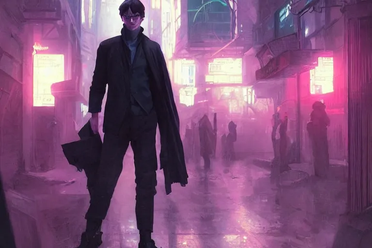 Image similar to Harry Potter in cyberpunk, neon lighting, figure in center, digital art from artstation by Ruan Jia and Mandy Jurgens and Artgerm and william-adolphe bouguereau and Greg Rutkowski and Wayne Barlowe