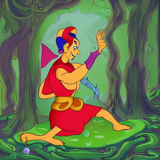 Image similar to the genie from Aladdin but green and surrounded by forest, fantasy illustration