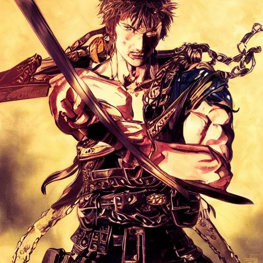 Image similar to portrait of a hero holding his sword in front of his face by yoji shinkawa, high quality, extra details, realism, ornate, colored, golden chain, blood, white skin, short hair, brown eyes, vivid, sunlight, dynamic, american man, freedom, handsome, dynamic lighting, dimensions, dimensional