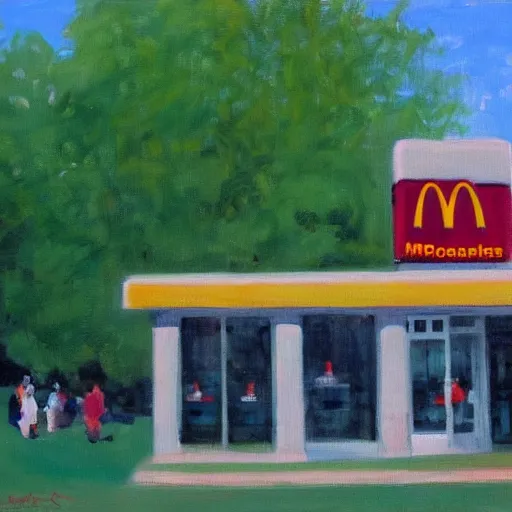 Image similar to a painting of a McDonalds in the middle of Central Park NYC in the style of Monet