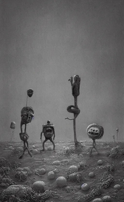 Image similar to spongebob squarepants in style of zdzisław beksinski, standing in wasteland, horror art, creepy, desolate