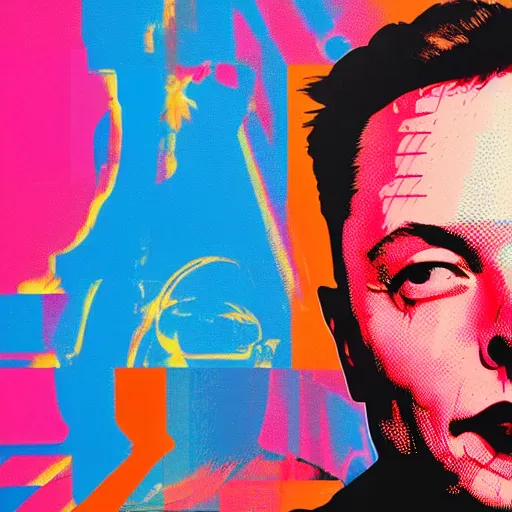 Prompt: elon musk, colorful and modernist pop art, modern art, by andy warhol