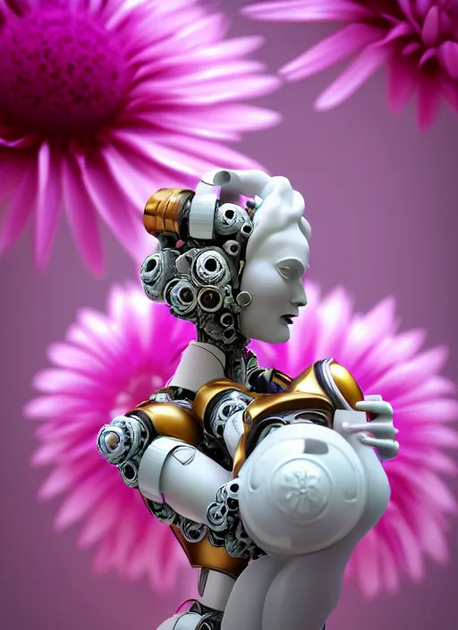 Image similar to biomechanical daisies well contoured smooth fair walls with marble statue carrying a bottle of perfume, up close shot, sharp focus, global illumination, radiant light, alexandre ferra white mecha, irakli nadar, octane highly render, 4 k, ultra hd,