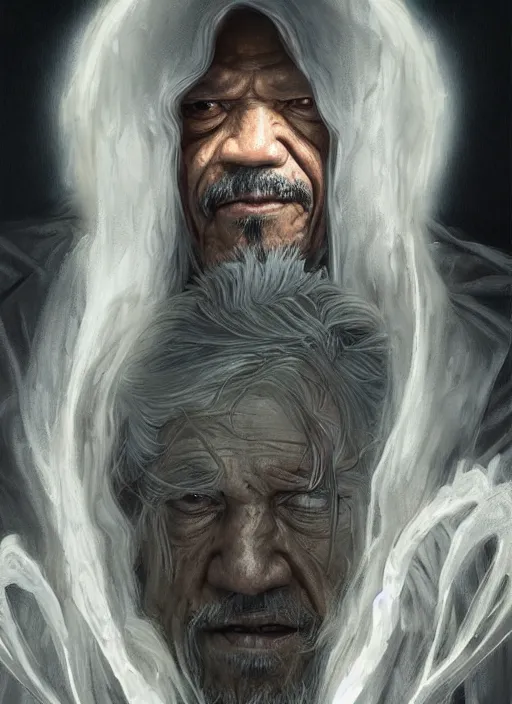 Prompt: Portrait of Danny Trejo, white glowing eyes, silver hair, cloak, ethereal wings, male, fantasy, extremely detailed, digital painting, artstation, concept art, smooth, sharp focus, illustration, stunning lighting, art by artgerm and greg rutkowski and alphonse mucha and simon stalenhag, realistic character concept, high fantasy, light atmosphere, golden ratio, cinematic lighting, hyperdetailed, high resolution, insanely detailed and intricate, artstation, Marc Simonetti, Greg Rutkowski, 8k