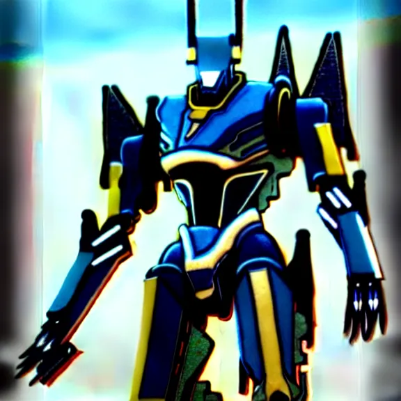 Image similar to cinematic shot, 35 foot tall detailed beautiful handsome quadrupedal robot mecha dragon, sharp edged black armor, gold accents, sleek blue visor for eyes, four legs, walking in busy neon city streets, sharp claws, epic shot, highly detailed art, sci fi, furry, 3D realistic, warframe fanart, destiny fanart, furry art, dragon art, feral art, macro art, furaffinity, DeviantArt, sofurry