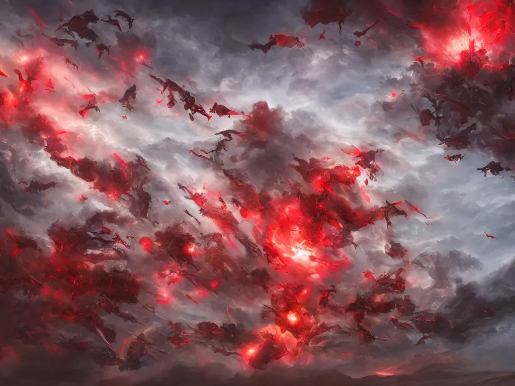 Image similar to a horde of angels falling from the sky, red lightning, apocalypse, eerie, digital painting, trending on artstation, deviantart, 8k, epic composition, intrinsic details, perfect coherence