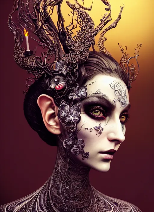 Prompt: portrait of an absurdly beautiful, graceful, sophisticated, fashionable dark witch, hyperdetailed illustration by irakli nadar and vania zouravliov, matt wisniewski style, intricate linework, day - glow face paint, unreal engine 5 highly rendered, global illumination, radiant light, detailed and intricate environment