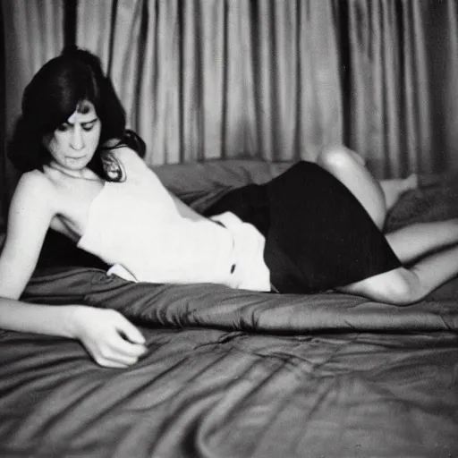 Image similar to a woman with dark brown hair looking at a cell phone lying down on a bed, photo by Dianne Arbus