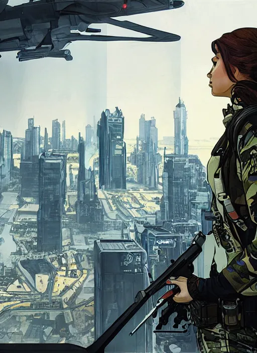 Image similar to Maria. USN female special forces operator looking at city skyline. Agent wearing Futuristic stealth suit. rb6s Concept art by James Gurney, Alphonso Mucha.