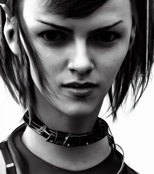 Prompt: detailed realistic female character cyberpunk wearing thick steel collar around neck, realistic, art, beautiful, 4K, collar, choker, collar around neck, punk, artstation, detailed, female, woman, choker, cyberpunk, neon, punk, collar, choker, collar around neck, thick collar, tight around neck, punk, headshot, detailed,