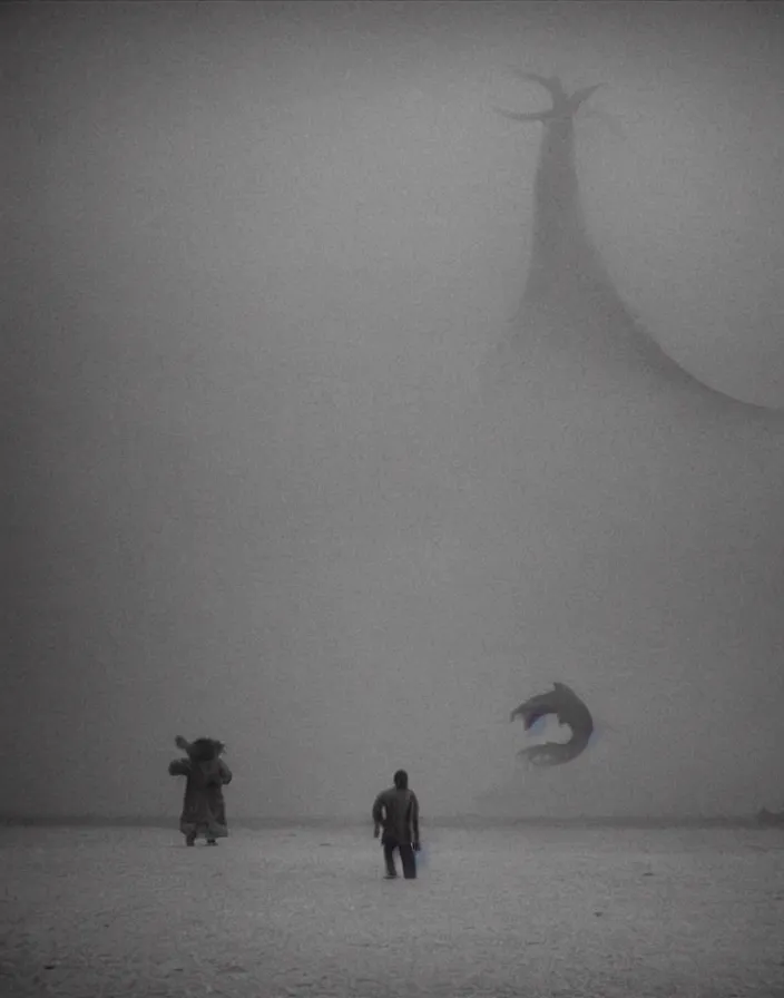 Image similar to very low - resolution found footage of a couple escaping pyongyang from a starfish kaiju monster, fog, foggy, korean film noir, monochrome, red hue, thriller, underdeveloped, epic, dramatic