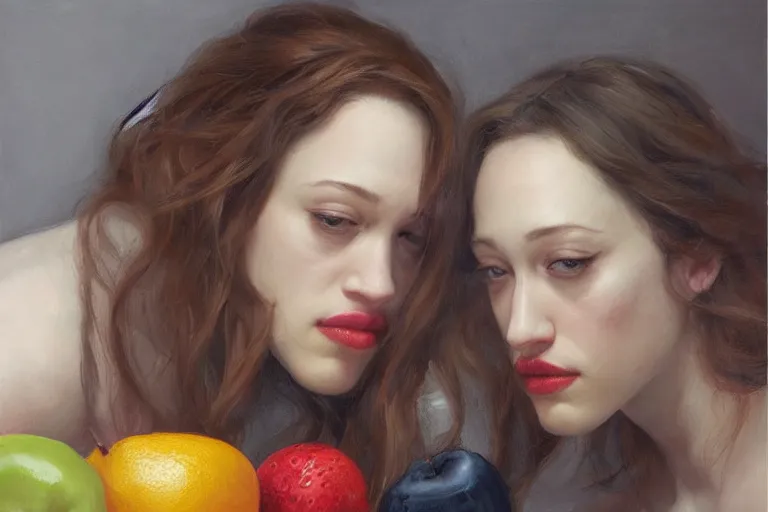 Prompt: A portrait of Kat Dennings eating various fruits by Ruan Jia and Mandy Jurgens and Artgerm and william-adolphe bouguerea, highly detailed, trending on artstation, award winning, H 768