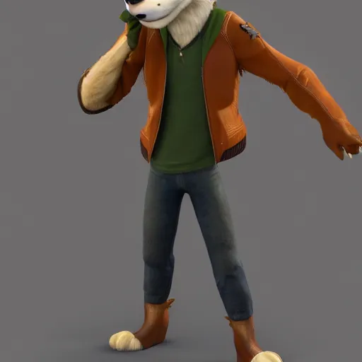 Image similar to far shot, 3d render , anthropomorphic wolf male , wearing along brown leather jacket , in the style of Zootopia