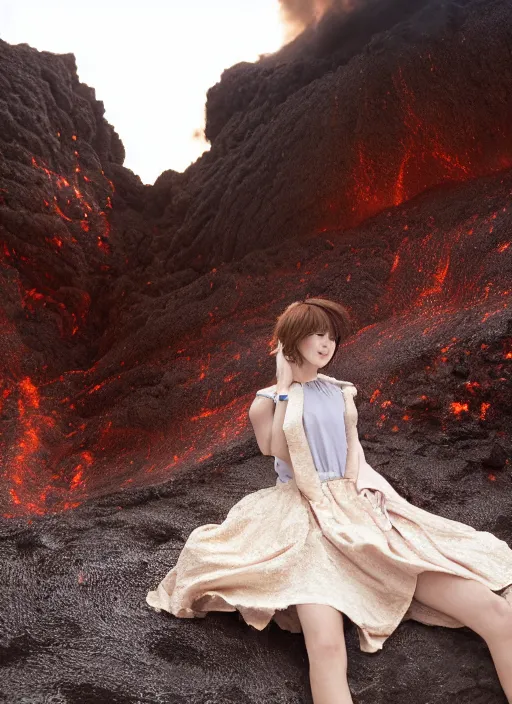 Image similar to Sony Alpha 1 Mirrorless Camera,, 8K, soft light, volumetric lighting, highly detailed, Kasumi Arimura style 3/4 ,portrait photo Kasumi Arimura teen princess, the face emerges from Kīlauea, thermal lava flowing down gold travertine terraces, inspired by Ophelia paint , a beautiful luxurious royal suit, intricate hair with highly detailed realistic beautiful flowers , Realistic, Refined, Highly Detailed, ethereal lighting colors scheme, outdoor fine art photography, Hyper realistic, photo realistic