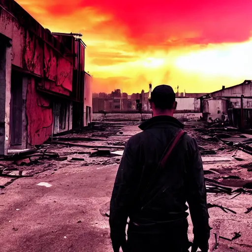 Image similar to stalker standing in front of a post apocalyptic city with burning red sky