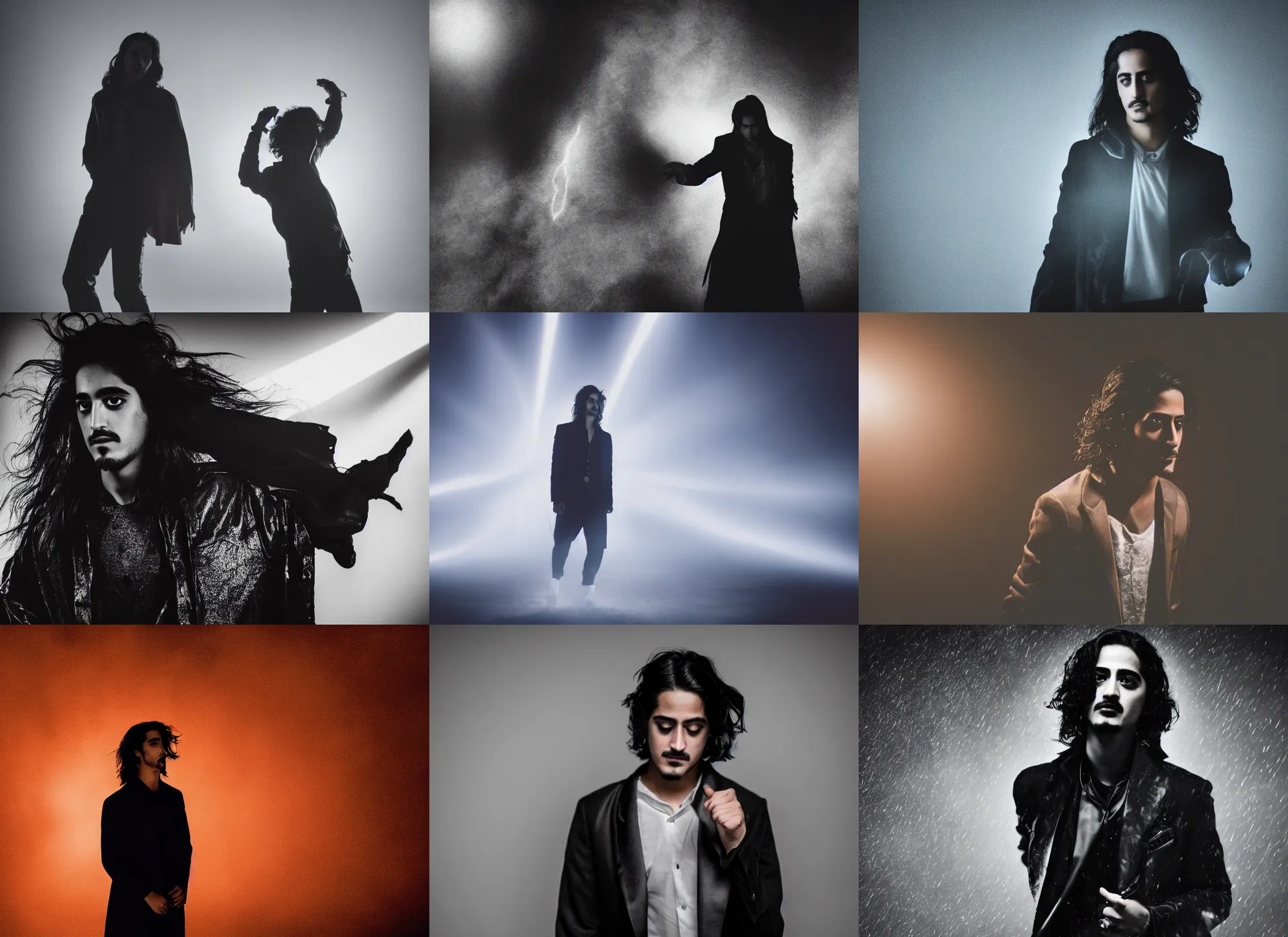 Prompt: photo still of, dark silhouette of avan jogia, enchanting a storm spell, 8 k, studio lighting bright ambient lighting key light, 8 5 mm f 1. 8