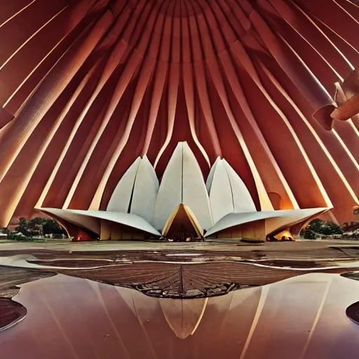 Prompt: futuristic lotus temple with gold, red and white marble panels, shafts of sunlight in the centre, in the desert, by h r giger, intricate contemporary architecture with art nouveau motifs, photo journalism, photography, cinematic, national geographic photoshoot