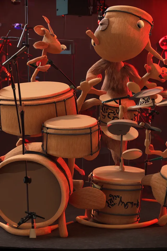 Image similar to animal drum at the puppet show head banging drummer 9 0 s music song groove is in the heart, we're going to dance and have some fun, photograph highly detailed, 8 k, octave render, ultra realistic, deep fake, unreal engine