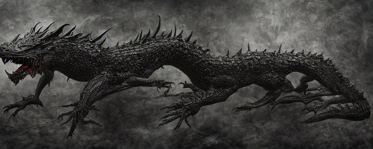 Image similar to full body, side perspective, large black scaled dragon, 3D, 8k resolution, by H R Giger